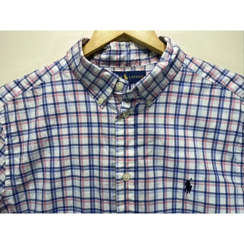 Ralph Lauren Polo Blue Pink Plaid Long Sleeve Button Up Shirt Boys Size 18-20 XL
